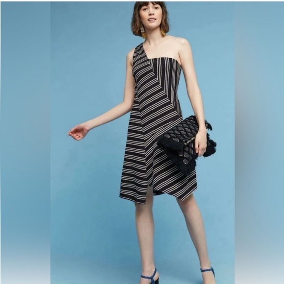 Anthropologie black and white Maeve Moka One Shoulder Striped Dress - Picture 1 of 7